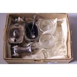 A SILVER PLATED THREE PIECE CRUET, together with two silver rimmed cut glass open salts (one a/f)