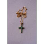 A 9CT GOLD EMERALD CROSS PENDANT, with fancy chain, hallmarks for Birmingham