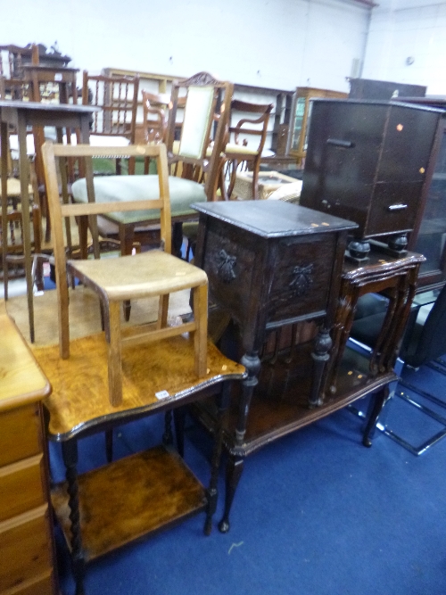 AN OAK BARLEY TWIST OCCASIONAL TABLE, nest of three tables, coffee table, sewing box, an oak