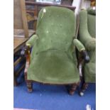 A VICTORIAN GREEN UPHOLSTERED ARMCHAIR (sd)