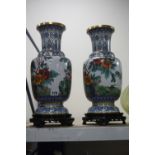 A PAIR OF MODERN CLOISONNE VASES, depicting birds and foliage, height approximately 38cm, with