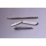 A SILVER PROPELLING PENCIL, silver bladed mother of pearl pen knife and silver cheroot holder (3)