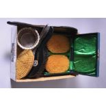 A CASED SILVER MOUNTED BRUSH SET, with swag and fern engraved decoration and vacant cartouches,