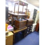 TWO OAK DRAW LEAF TABLES, tin trunk, piano stool and a commode (sd) (5)