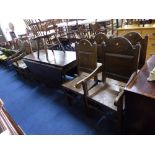 A SET OF EIGHT MODERN ELM DINING CHAIRS, the backs with arched top and single fielded panels,