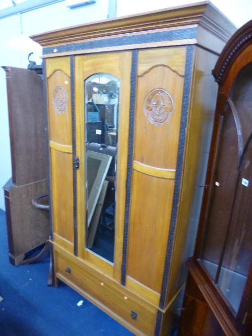 AN EDWARDIAN SATINWOOD MIRROR DOOR WARDROBE, approximate size width 116cm x depth 41cm x height