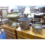 A QUANTITY OF BRASS AND COPPER WARE, including a large twin handled urn