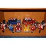 EIGHT NOVELTY TIN PLATE MODEL SCOOTERS AND MINI'S, seven 'Union Jack' decorated (8)