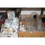 THREE BOXES AND LOOSE GLASSWARES, teawares, brass frames, mirror, plated tray, etc