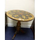 A VICTORIAN WALNUT CIRCULAR TRIPOD TABLE, with floral marquetry top and carved base, approximate