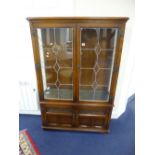 AN 'OLD CHARM' CARVED OAK LEAD GLAZED TWO DOOR DISPLAY CABINET, with solid cupboard below,