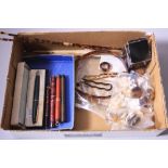 A BOX OF MISCELLANEOUS, to include a Conway Stewart pen, a ruby Pearloid 8S fountain pen, a Ruby