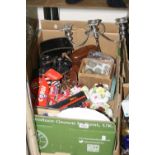 A BOX OF SUNDRIES, to include boxed Corgi and other Diecast vehicles, binoculars, floral