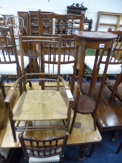 AN EDWARDIAN MAHOGANY INLAID PLANT STAND, and an armchair (2)