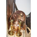 A LARGE COPPER KETTLE, a pair of candlesticks and two copper/brass pans