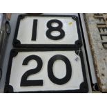 TWO CAST IRON RAILWAY BRIDGE PLATES, numbers 18 and 20, no other markings, black raised lettering
