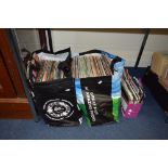 TWO BAGS AND A BOX OF LP'S AND SINGLES, artists include The Beatles, Queen, AC/DC, Mario Lanza,
