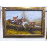 HUNTSMEN ON HORSEBACK JUMPING WALL, oil on canvas, signed D Lonit or similar lower right,