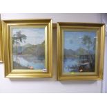 H. THOS BROMLEY, two lake scenes with figures and boats, oils on board, both signed, each