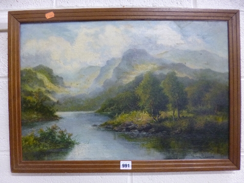 HENRY COOPER, river landscape with mountains in background, canvas, approximately 40.5cm x 60.5cm