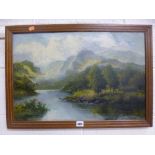 HENRY COOPER, river landscape with mountains in background, canvas, approximately 40.5cm x 60.5cm