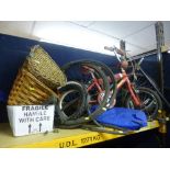 A VINTAGE GENTS BIKE FRAME, two wheels, child's bike, box of bike parts, etc