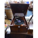 HIS MASTERS VOICE MAHOGANY CASED WIND UP GRAMOPHONE, (no handle) and a small quantity of records