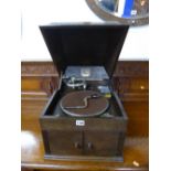 'HIS MASTERS VOICE' OAK CASED WIND UP GRAMOPHONE (winding handle)