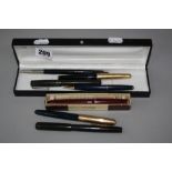 THREE PARKER AND THREE MABIE TODD SWAN FOUNTAIN PENS, including a boxed maroon and gold Slimfold,