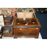 A ROSEWOOD STRING INLAID THREE BELL MUSIC BOX, having floral sprays to top and front,