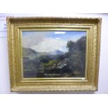 J C WARD, gilt framed oil on canvas, stream in mountain landscape, paper label verso, 'No 2 Mountain
