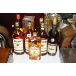 NINE BOTTLES OF WHISKY AND COGNAC, to include Teachers Highland Cream, Martell V.S. Fine Cognac,