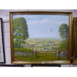 A CONTEMPORARY OIL ON CANVAS, field landscape view, signed F Clay to gate post, approximately 63cm x