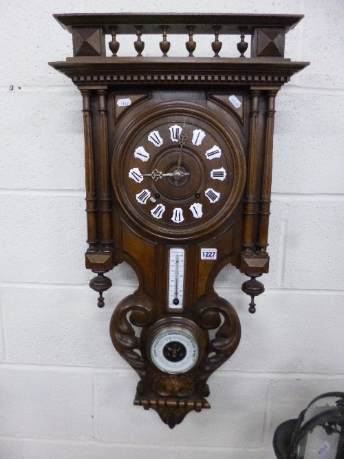 A FRENCH CARVED MAHOGANY WALL CLOCK/BAROMETER, with separate thermometer