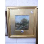 A GILT FRAMED WATERCOLOUR, rocky stream before cottage on hill, signed WW Gill lower left,