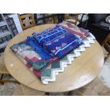 A PATCHWORK QUILT, approximate size 250cm x 230cm, blue wool blanket, etc (3)