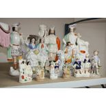 A GROUP OF STAFFORDSHIRE FIGURES, etc, to include a large pair of Highland gentleman with deer, a