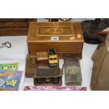 A RECTANGULAR LIFT TOP LADIES SEWING BOX, with removable fitted interior and two drawers under,