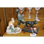 A SMALL BRONZED BULLDOG, on wooden plinth, a seated greyhound and a Border Fine Arts figure group '