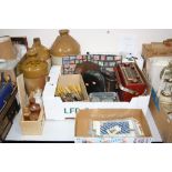 A BOX AND LOOSE SUNDRY ITEMS, to include boxed telescope, stoneware flagons, binoculars, cutlery,