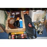 TWO BOXES AND LOOSE SUNDRY ITEMS, to include gun cleaning kit, rifle bag, pictures, lamps, Olympus