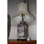 A CHINESE SQUARE SHAPED FAMILLE ROSE LAMP BASE AND SHADE, figural panels, surrounded by floral and