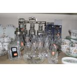 VARIOUS CUT GLASSWARES, etc, to include boxed Bohemia Crystal candlesticks, three bottled tantalus