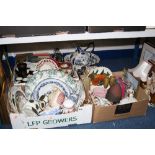 FOUR BOXES AND LOOSE CERAMICS, PICTURES, RECORDS, GLASS, LAMPS, etc, (in aid of Christies,