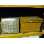 A PAINTED TOOL CHEST, containing a quantity of hand tools and a glazed cigar case