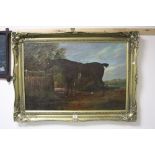 AN UNSIGNED OIL ON CANVAS, horse at gate in countryside, approximately 50cm x 75cm (a/f)