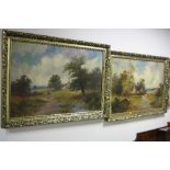 TWO COUNTRY LANDSCAPE SCENES, figures and cottages, oils on canvas, one signed F. Hall lower