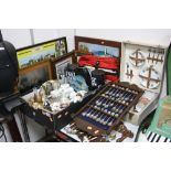 A BOX AND LOOSE SUNDRY ITEMS, to include collectors spoons, Sirram picnic box, ornaments, pictures