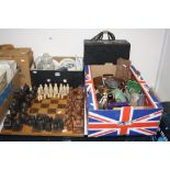 TWO BOXES AND LOOSE CERAMICS SUNDRY ITEMS, to include two chess sets (one board), binoculars,