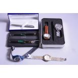 TWO BOXED SWISS MILITARY WATCHES, two others, a boxed Parker Frontier Ballpoint Pen and Pencil set